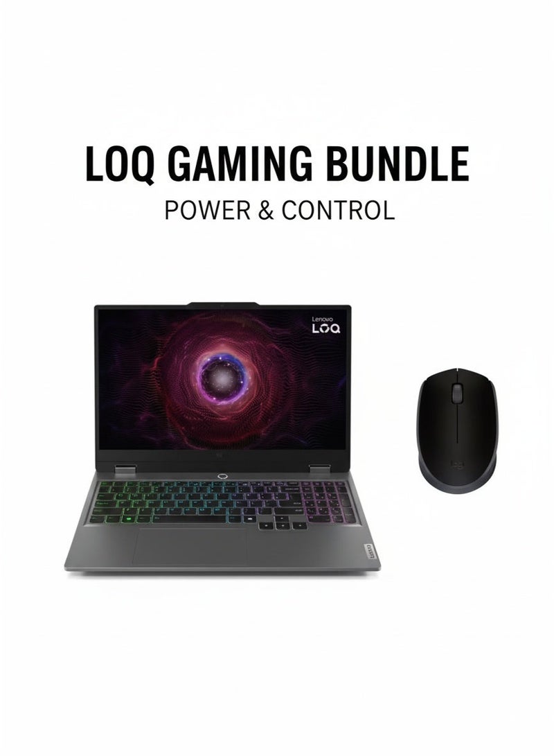 Lenovo LOQ 15ARP9 Laptop, AMD Ryzen 7 7435HS Processor, 15.6 Inch FHD Display, 512 GB SSD, 12 GB RAM DDR5, NVIDIA GeForce RTX 4050 GDDR6 6 GB Graphics, Win11, 83JC00H2ED Luna Grey & M171 Reliable Wireless Connectivity Mouse 2.4 GHz With USB BlackBundle - Image 1