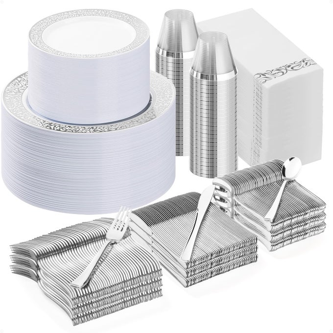700PCS SILVER PLASTIC DINNERWARE SET FOR 100 GUESTS DISPOSABLE PLATES FOR PARTY INCLUDE 100 DINNER PLATES 100 DESSERT PLATES 100 SET SILVER SILVERWARE 100 CUPS 100 NAPKINS