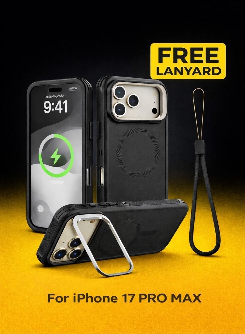Neyecam MagSafe Case for iPhone 17 Pro Max with Lens Stand, Military Grade Shockproof Magnetic Cover, MagSafe Compatible Protective Phone Shell with Camera Guard & Built-in Magnets, Supports Wireless Charging, Includes Free Wrist Strap (Black) - Image 1