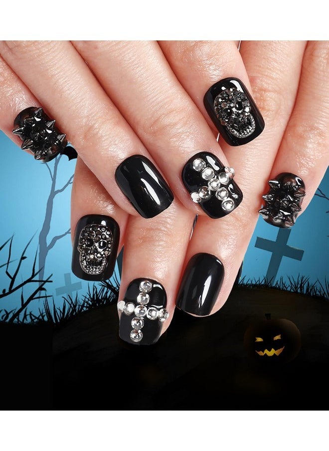 Aegenacess - Halloween Short Square Press On Nails - Black Goth False Nails With 3D Skeleton Rhinestone Charms Spooky Witches Cute Stick On Nails For Women Party 24 Pcs Full Cover Nails - Image 1