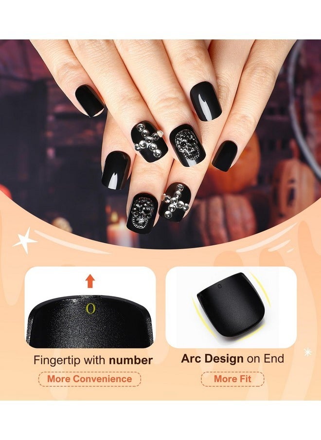 Aegenacess - Halloween Short Square Press On Nails - Black Goth False Nails With 3D Skeleton Rhinestone Charms Spooky Witches Cute Stick On Nails For Women Party 24 Pcs Full Cover Nails - Image 1