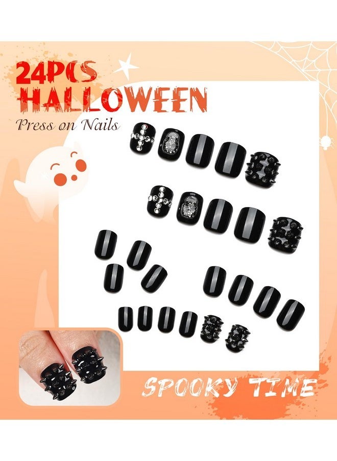 Aegenacess - Halloween Short Square Press On Nails - Black Goth False Nails With 3D Skeleton Rhinestone Charms Spooky Witches Cute Stick On Nails For Women Party 24 Pcs Full Cover Nails - Image 1