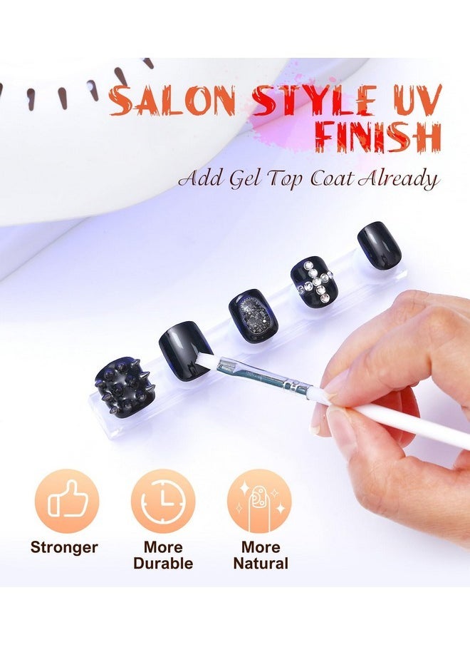 Aegenacess - Halloween Short Square Press On Nails - Black Goth False Nails With 3D Skeleton Rhinestone Charms Spooky Witches Cute Stick On Nails For Women Party 24 Pcs Full Cover Nails - Image 1