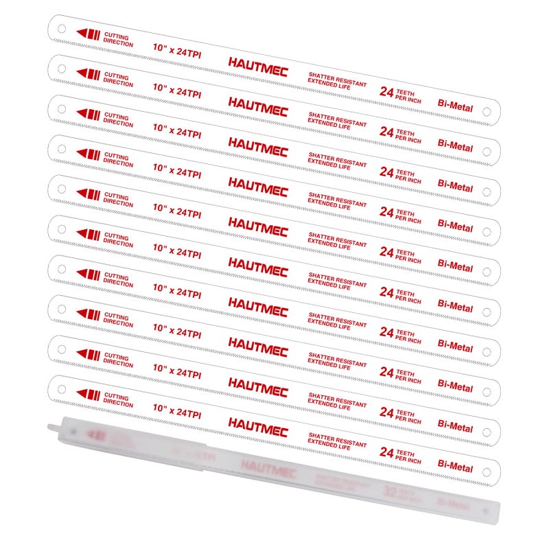 HAUTMEC 10" Hacksaw Blades 24 TPI â€“ 10 Pack Bi-Metal Replacement Blades with High-Speed Steel Teeth and Spring Steel Body, Professional Grade, Fits Most Hacksaw Frames - Image 1