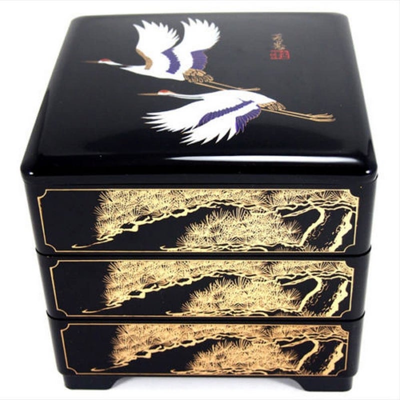 JapanBargain JapanBargain 4119 Jubako Box Japanese Traditional 3 Tiers Stack Box Food Candy Snack Container Bento Box Made in Japan Plastic Lacquered Black Crane 1Pack 