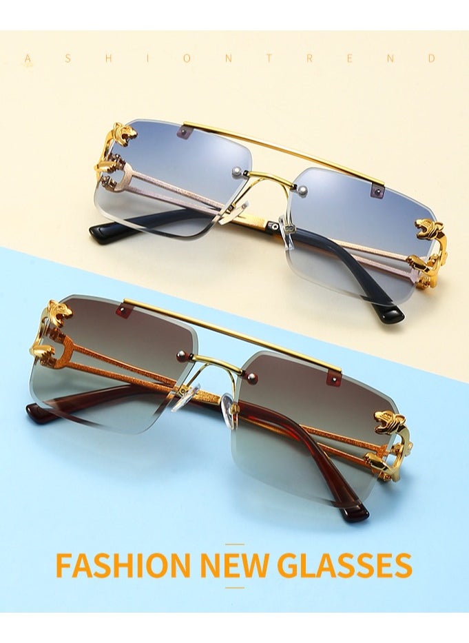 Ucanbe - Trendy Square Rimless Sunglasses with Gold Tiger Head Decoration - Image 1