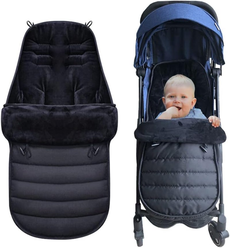 Universal Baby Footmuffs and Sleeping Bag for Pushchairs and Strollers, Warm and Waterproof Thermo Fleece, Extra Long Design for Infants and Toddlers in Black - Image 1
