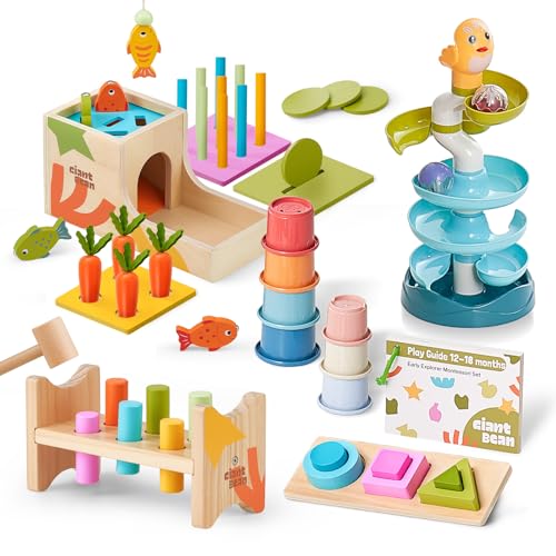 Giant bean 8in1 Wooden Montessori Toys Set Learning Toys for Baby 1218 Month with Object Permanence Box Senser Ball Roll Tower Hammer Fishing Carrot Shape Sorting Stacking Cup for Kids 1 - Image 1