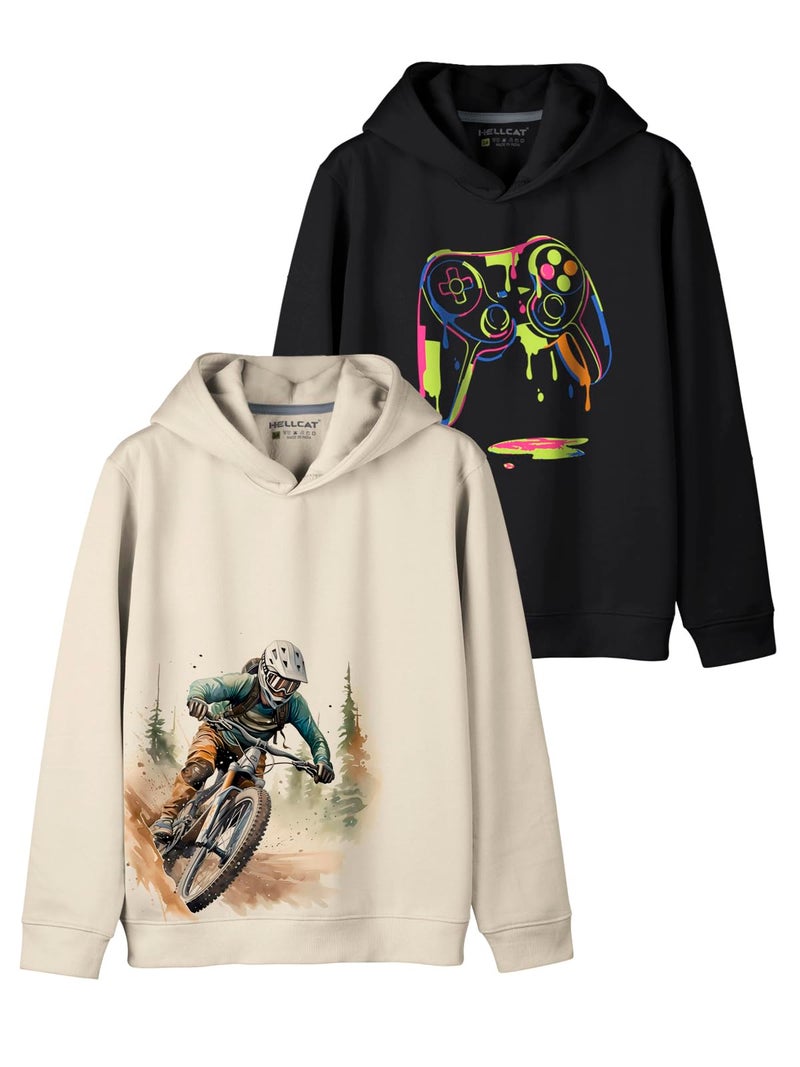 HELLCAT Boys Trendy Printed Cotton Blend Regular Hoodie Sweatshirt - Pack Of 2_Beige / Black_3-4 Years - Image 1