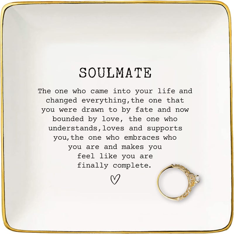 NZY Anniversary Birthday Christmas Gifts for Couple Best friend Bestie Soul sister-Soulmate Gifts for Wife Husband Girlfriend Boyfriend-Soulmate for Her-Ceramic Jewelry Tray Trinket Holder Ring Dish - Image 1