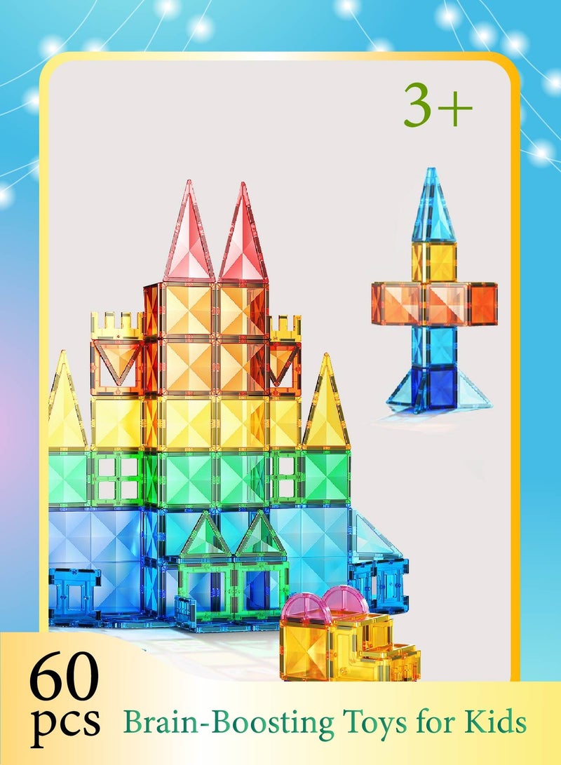 Beauenty 60 Pcs Magnetic Tiles for Kids - STEM Building Blocks with Strong Magnets, Safe Smooth Edges | Educational Construction Toys for Boys  Girls Age 3+ - Image 1