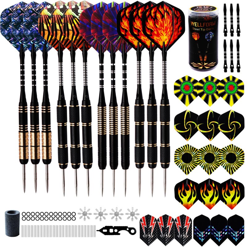 WELLFORM Darts Metal Tip Set, Steel Tip Darts Set 22g and 28g Professional Darts for Dartboard with Darts Guide and Darts Case, Aluminum Shafts, Brass Barrels, Extra Dart Flights, Dart Sharpener,etc. - Image 1