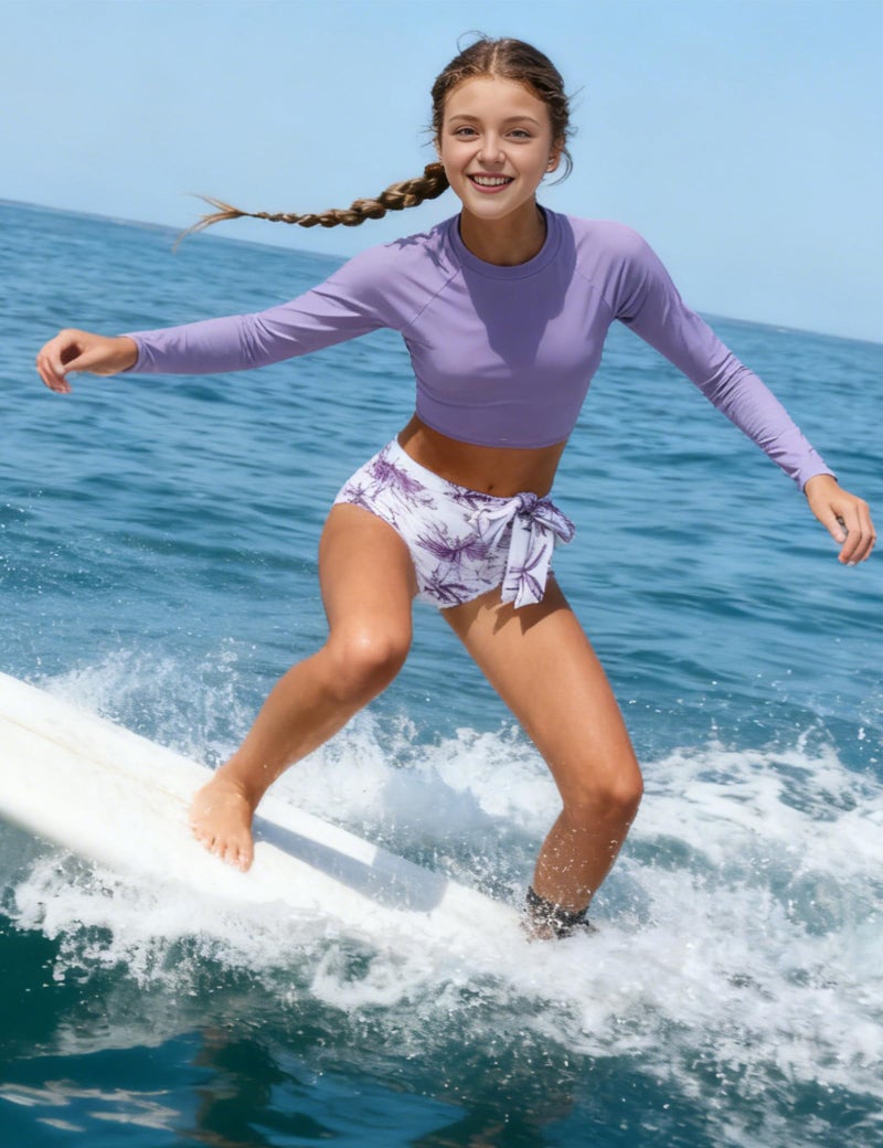 Fuermos Girls Swimsuit 2 Piece Rash Guard Bathing Suits Long Sleeve Swimsuit and Tropical Print Shorts Girls' Swimwear for 13-14Y - Image 4