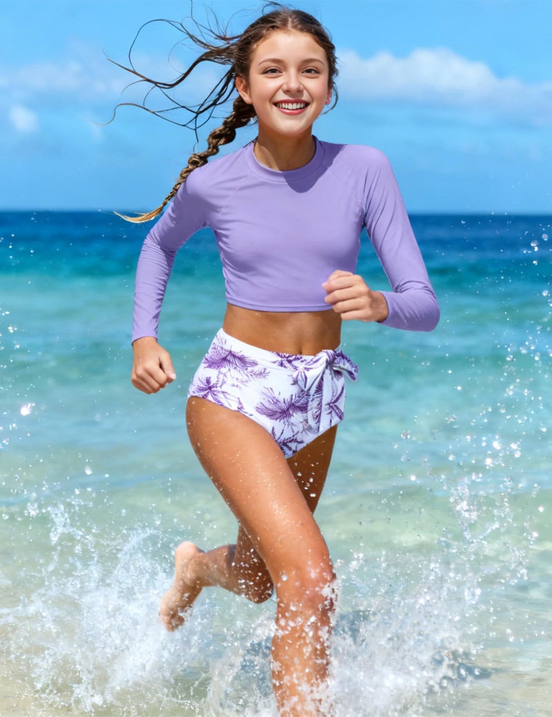 Fuermos Girls Swimsuit 2 Piece Rash Guard Bathing Suits Long Sleeve Swimsuit and Tropical Print Shorts Girls' Swimwear for 13-14Y - Image 3