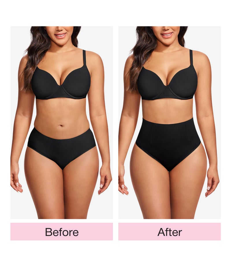 Eleady Thong Shapewear Tummy Control - 2 Piece Mid-Waist Compression Underwear Women Seamless Butt Lifting Panties - Black+Beige,Large - Image 2
