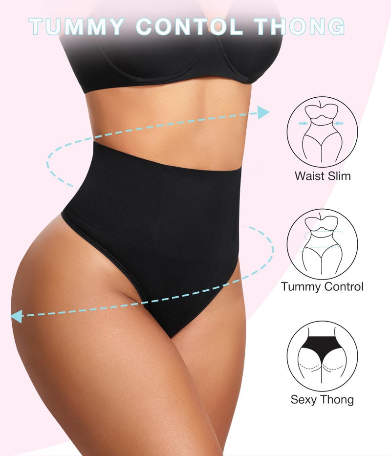Eleady Thong Shapewear Tummy Control - 2 Piece Mid-Waist Compression Underwear Women Seamless Butt Lifting Panties - Black+Beige,Large - Image 4