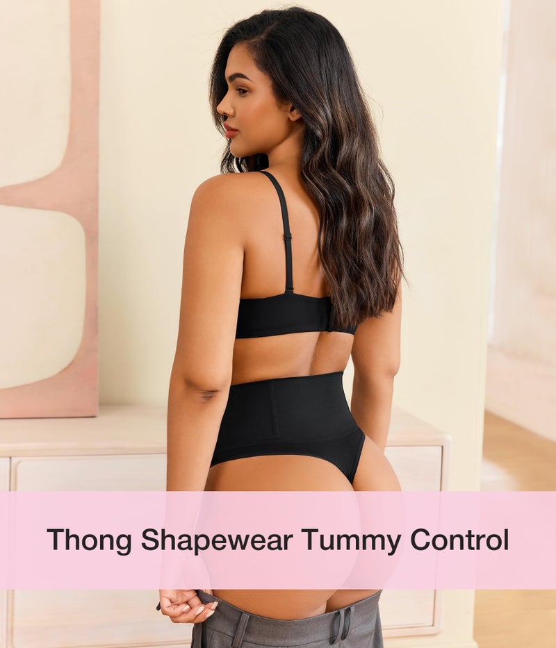Eleady Thong Shapewear Tummy Control - 2 Piece Mid-Waist Compression Underwear Women Seamless Butt Lifting Panties - Black+Beige,Large - Image 3