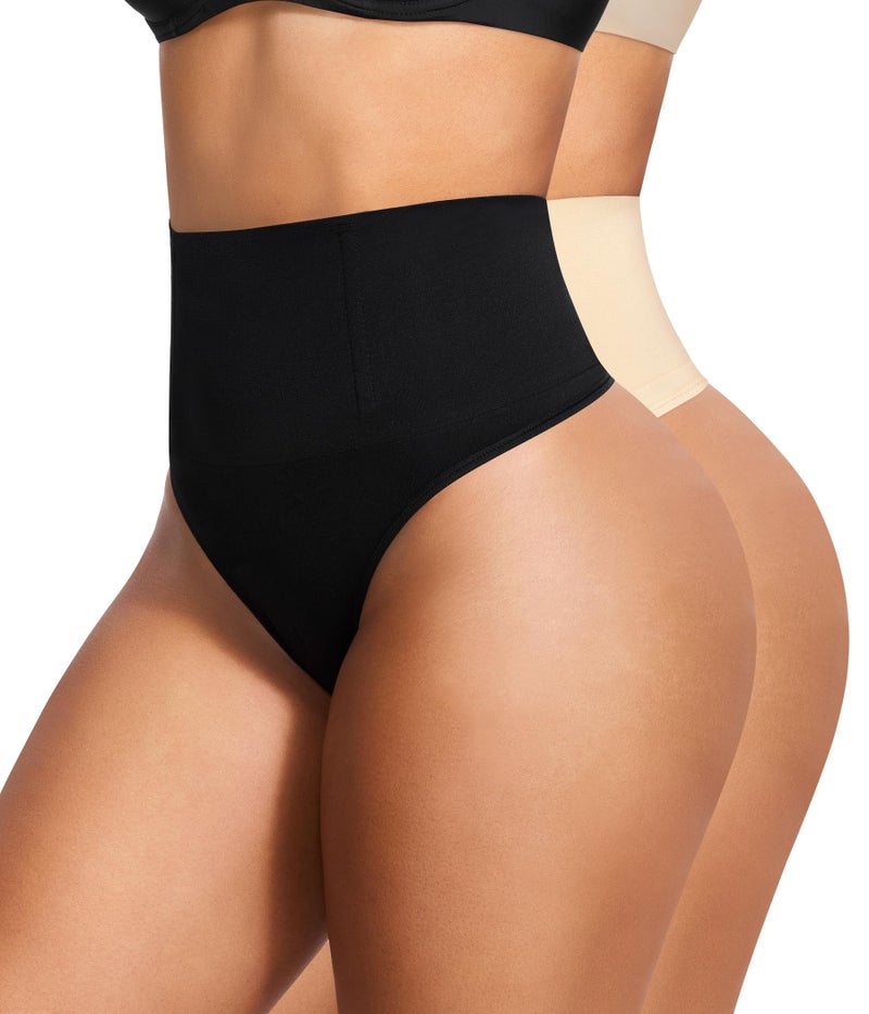 Eleady Thong Shapewear Tummy Control - 2 Piece Mid-Waist Compression Underwear Women Seamless Butt Lifting Panties - Black+Beige,Large - Image 1