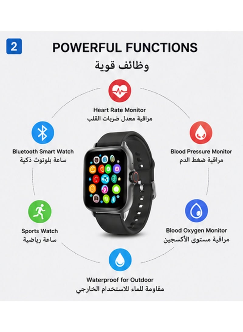 ساعة ذكية بلوتوث، متتبع اللياقة البدنية مع مراقبة معدل ضربات القلب وضغط الدم والأكسجين، مقاومة للماء IP68، تذكير بالمكالمات والرسائل، متوافقة مع iOS و Android - Image 2