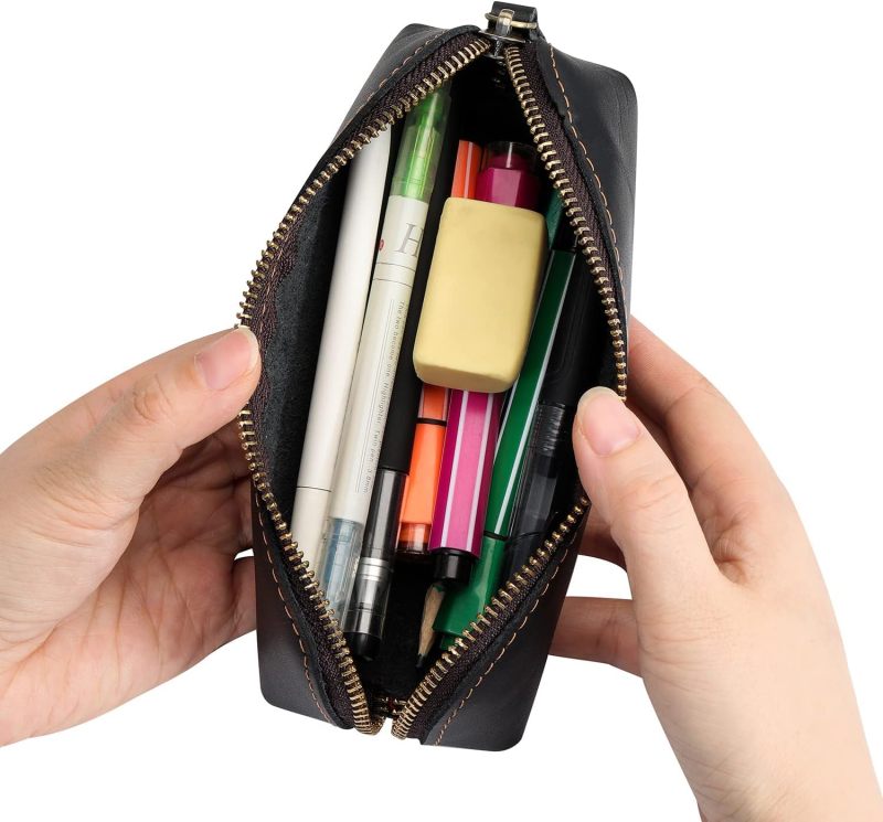 Black Leather Pencil Case: 15-20 Pen Capacity, Durable Waterproof Organizer - Compact Portable Stylish Storage for Artists, Office Workers, Travelers - Image 4
