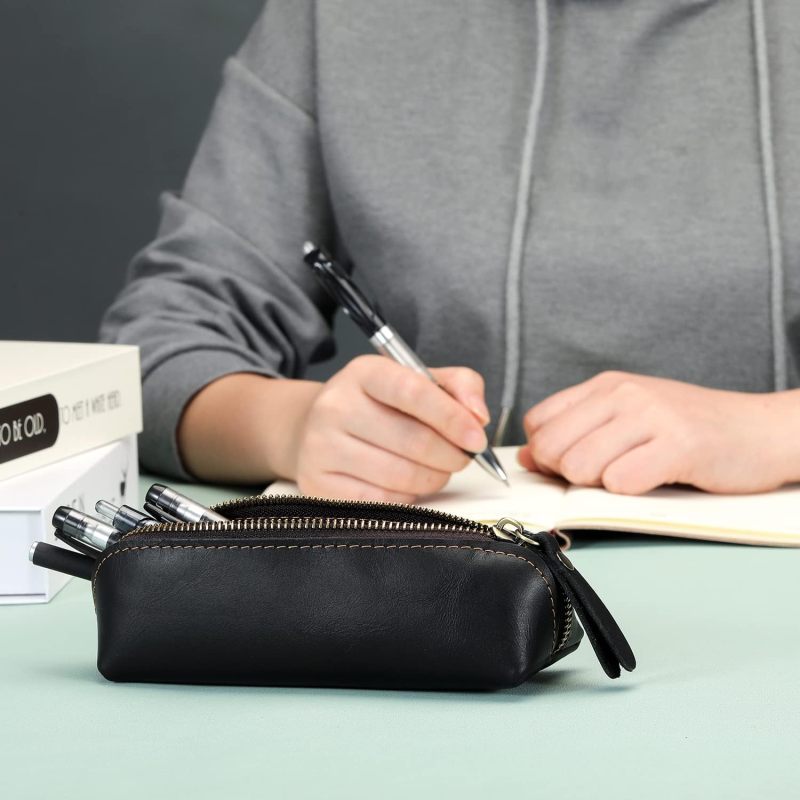 Black Leather Pencil Case: 15-20 Pen Capacity, Durable Waterproof Organizer - Compact Portable Stylish Storage for Artists, Office Workers, Travelers - Image 3