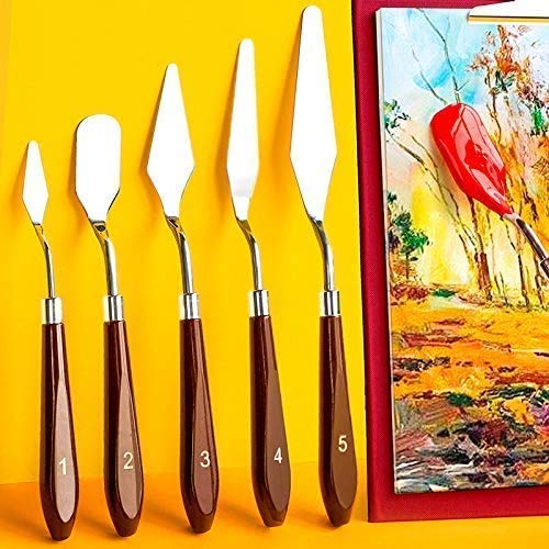 Rangwell Set of 5 Palette Painting Knives of Various Sizes Shapes Stainless Steel Scraper Spatula Polished Brown Handle for Artist Canvas Oil Paint Color Mixing