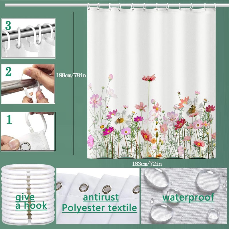 Niidder Floral Shower Curtain  Gesar Flower Shower Curtain -72 ""W x 78"" L  with 12 Hooks  Hem Weighted Bathtub Shower Curtain  Waterproof Shower Curtain  Shower Curtains for Bathroom - Image 4