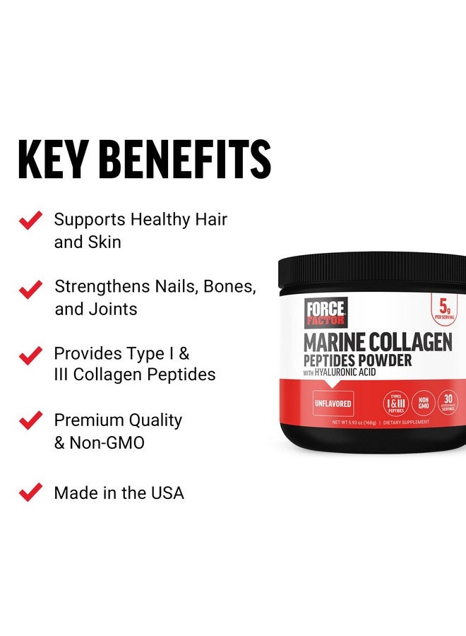 Force Factor مسحوق كولاجين بحري من FORCE FACTOR للنساء والرجال، ببتيدات كولاجين بحري من النوعين I و III مع حمض الهيالورونيك لدعم صحة الشعر والبشرة والأظافر والعظام والمفاصل، بدون نكهة، 30 حصة - Image 2