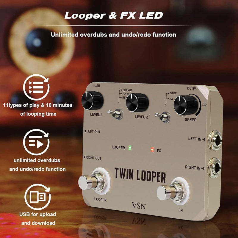 VSN Looper Pedal, Stereo Guitar Loop Pedals, Guitar Effect Pedal Loop Station Multi-function 11 Types of Play with 10 Minutes Loop Time, 44.1kHz/24Bit Guitar Effects Pedal - Image 2
