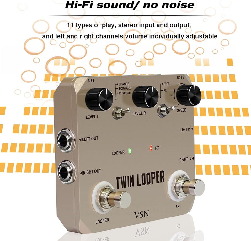 VSN Looper Pedal, Stereo Guitar Loop Pedals, Guitar Effect Pedal Loop Station Multi-function 11 Types of Play with 10 Minutes Loop Time, 44.1kHz/24Bit Guitar Effects Pedal - Image 4