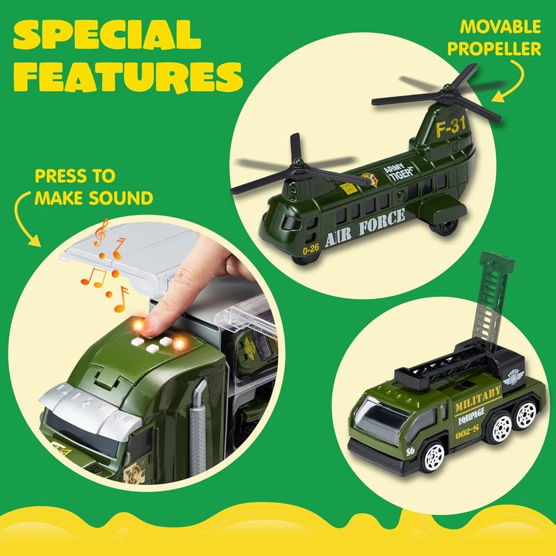 JOYIN 25 in 1 Military Kids Truck Toys for Age 3+, Toddler Boy Toys, Army Men Tanks Set with Soldier Men, Mini Battle Cars in Carrier Truck with Lights and Sounds, Gifts for Grandkids - Image 5
