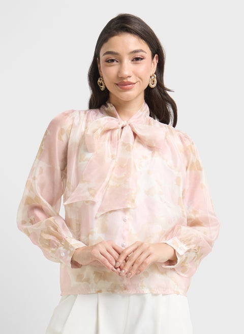 Printed Top With Neck Tie Up