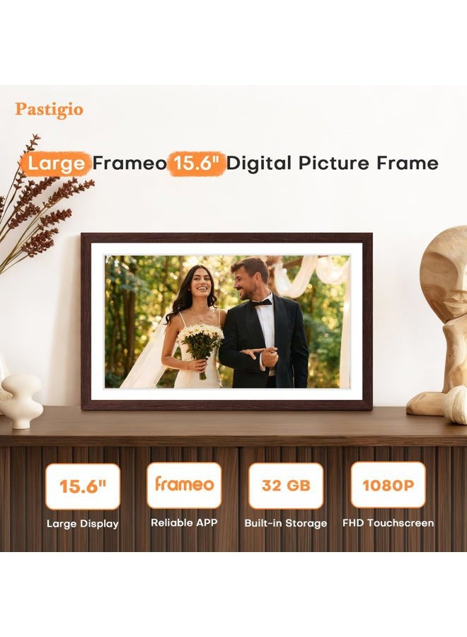 Pastigio Digital Picture Frame Frameo, Large 15.6 Inch Digital Photo Frame, WiFi Electric Frame, 1920 * 1080 IPS FHD Touchscreen, 32GB, Tabletop&Wall-Mounted, Share Video Picture, Gifts for Mom, Black Walnut - Image 2