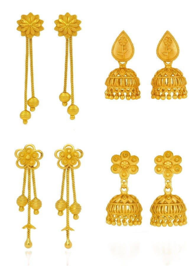 DEW MAT Gold Plated Traditional Jhumka Earrings Combo | Floral Drop & Big Jhumki Set with Matte Finish | South Indian Ghungroo Screw Back Studs Meenakari Jhumki Earrings Set for Women - Image 1