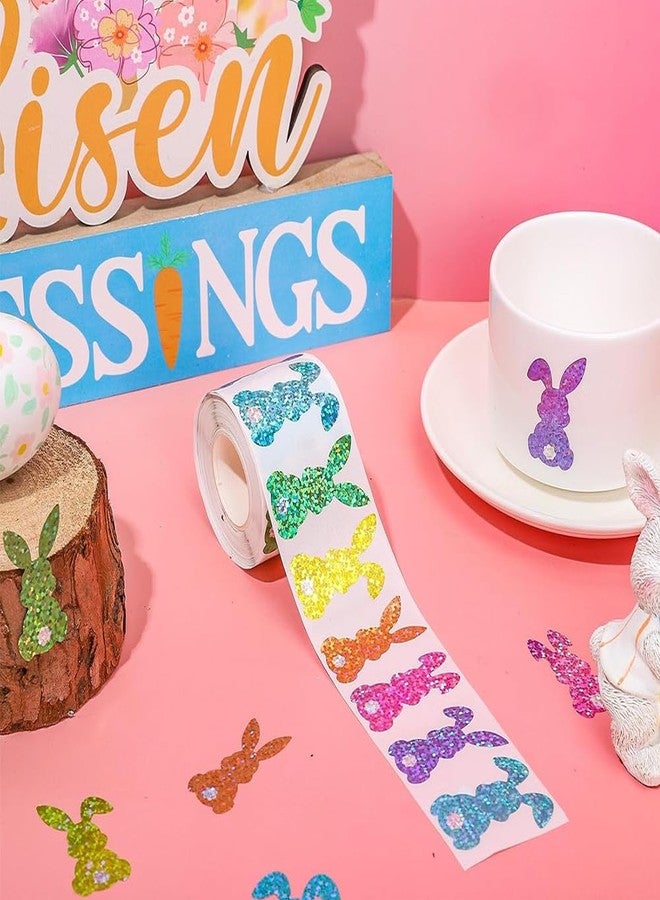 RUPOFUZA 500Pcs Easter Bunny Stickers 1.5in Large Bling Sparkly Spring Happy Easter Bunny Stickers Roll 6 Colors Holographic Waterproof Self-Adhesive Rabbit Sticker for Holiday Envelopes Scrapbook Decorations - Image 2