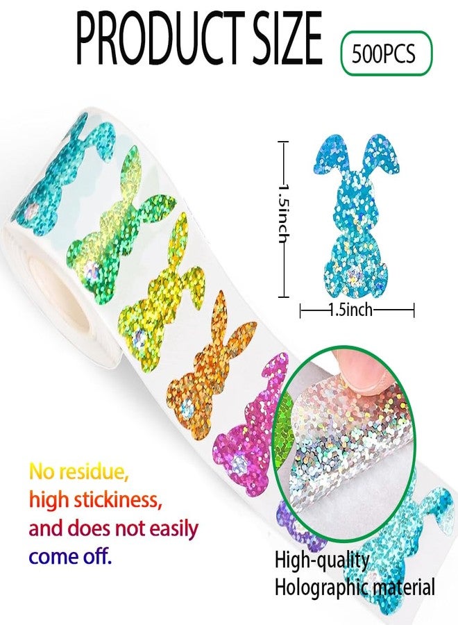 RUPOFUZA 500Pcs Easter Bunny Stickers 1.5in Large Bling Sparkly Spring Happy Easter Bunny Stickers Roll 6 Colors Holographic Waterproof Self-Adhesive Rabbit Sticker for Holiday Envelopes Scrapbook Decorations - Image 5