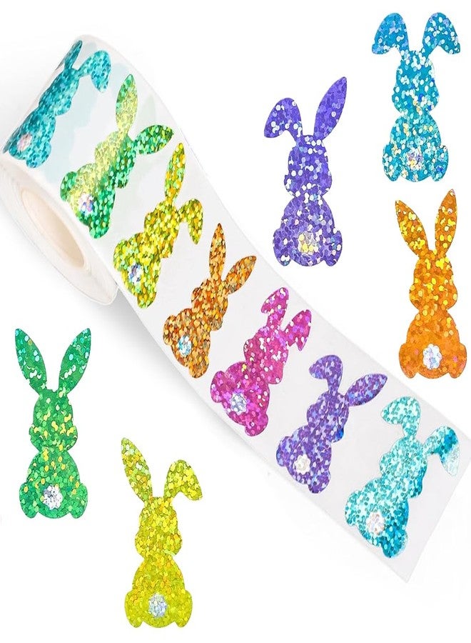 RUPOFUZA 500Pcs Easter Bunny Stickers 1.5in Large Bling Sparkly Spring Happy Easter Bunny Stickers Roll 6 Colors Holographic Waterproof Self-Adhesive Rabbit Sticker for Holiday Envelopes Scrapbook Decorations - Image 1