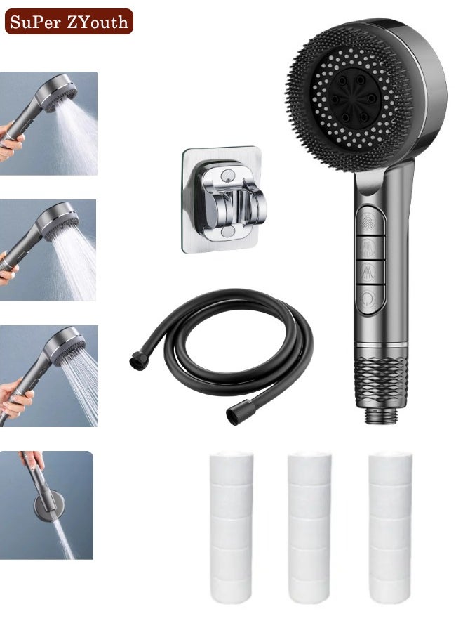 Super ZYouth Shower Head-4 Spray Settings Filtered, Hard Water Softener Filtered ,  Shower Head with 60" PVC Hose and Stand, 3 Extra Cotton Filters, with Silicone Massage Brush, Gray  - Image 1