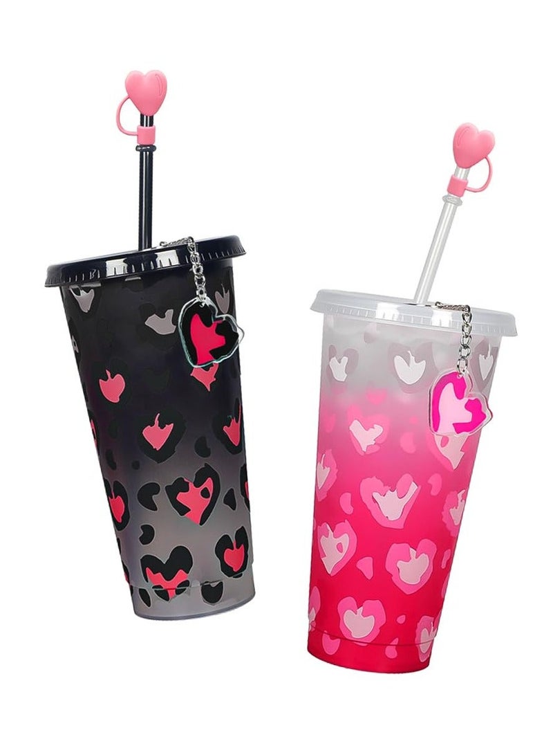 Color Changing Cups 2 Pack 24 oz Valentine's Day Color Changing Cups with Lids and Straws Plastic Cups Reusable Tumblers and Water Glasses for Birthday Gift Cute Cups for Ice Drink  - Image 1