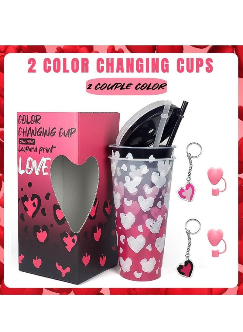 Color Changing Cups 2 Pack 24 oz Valentine's Day Color Changing Cups with Lids and Straws Plastic Cups Reusable Tumblers and Water Glasses for Birthday Gift Cute Cups for Ice Drink  - Image 4