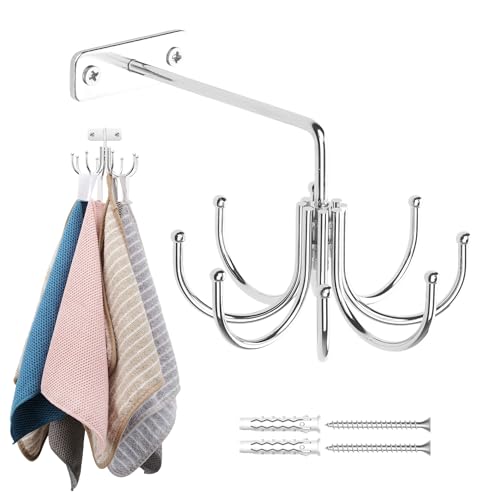 ZEDODIER Kitchen Towel Holder 360 Rotating Dish Towel Holder Heavy Duty Metal Kitchen Towel Hook with 8 Storage Capacity for Towel Utensil Pot Glove Aprons Silver - Image 1