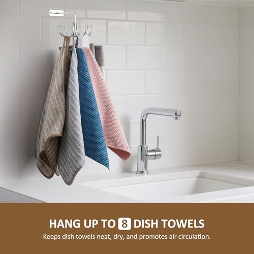 ZEDODIER Kitchen Towel Holder 360 Rotating Dish Towel Holder Heavy Duty Metal Kitchen Towel Hook with 8 Storage Capacity for Towel Utensil Pot Glove Aprons Silver - Image 3