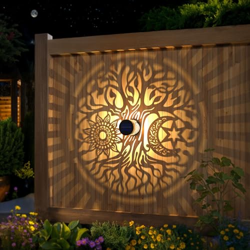 gardencave 4 Pack Large Solar Fence Lights Metal Solar Powered Outdoor Wall Deck Step Lights Tree Theme Waterproof Fence Light for Garden Post Patio Backyard Yard Decor, Gardening Gifts for Women Mom Grandma - Image 4