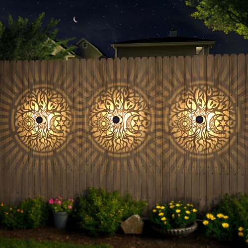 gardencave 4 Pack Large Solar Fence Lights Metal Solar Powered Outdoor Wall Deck Step Lights Tree Theme Waterproof Fence Light for Garden Post Patio Backyard Yard Decor, Gardening Gifts for Women Mom Grandma - Image 3