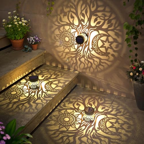 gardencave 4 Pack Large Solar Fence Lights Metal Solar Powered Outdoor Wall Deck Step Lights Tree Theme Waterproof Fence Light for Garden Post Patio Backyard Yard Decor, Gardening Gifts for Women Mom Grandma - Image 5