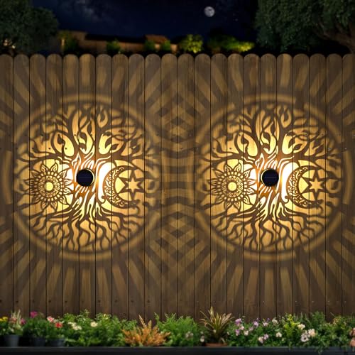 gardencave 4 Pack Large Solar Fence Lights Metal Solar Powered Outdoor Wall Deck Step Lights Tree Theme Waterproof Fence Light for Garden Post Patio Backyard Yard Decor, Gardening Gifts for Women Mom Grandma - Image 1