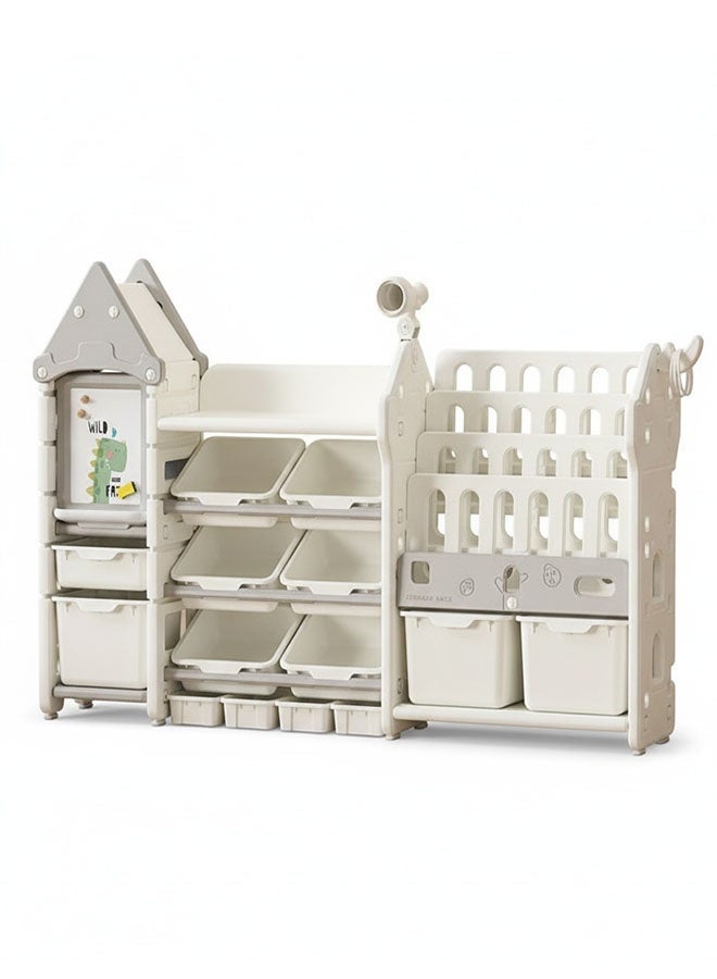 بيوينتي منظم تخزين الألعاب للأطفال ورف الكتب للأطفال ، مع رف 4 طبقات و 14 سلة بلاستيكية قابلة للإزالة ، ودراج قابلة للسحب رف متعدد الأغراض للأطفال الصغار لتنظيم الألعاب والكتب - Image 1