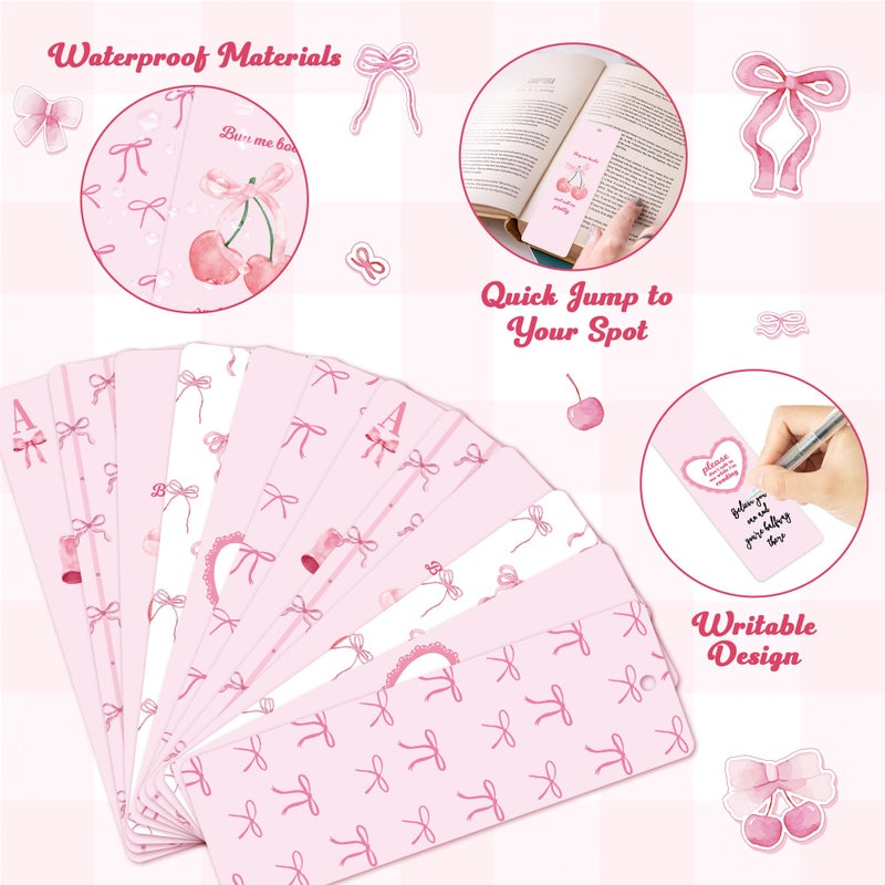 TICIAGA Coquette Pink Bow Bookmark - 12PCS Pink Bow Paper Bookmark with Ribbon for Girl Reading Lovers, Funny Girl Coquette Cherry Paper Marker Bulk Book Lovers Gifts for Women, Easter Gifts - Image 3