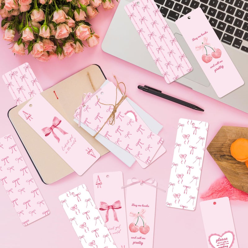 TICIAGA Coquette Pink Bow Bookmark - 12PCS Pink Bow Paper Bookmark with Ribbon for Girl Reading Lovers, Funny Girl Coquette Cherry Paper Marker Bulk Book Lovers Gifts for Women, Easter Gifts - Image 2