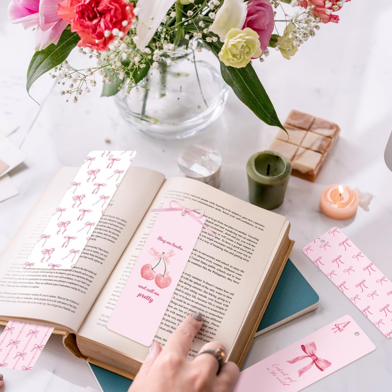 TICIAGA Coquette Pink Bow Bookmark - 12PCS Pink Bow Paper Bookmark with Ribbon for Girl Reading Lovers, Funny Girl Coquette Cherry Paper Marker Bulk Book Lovers Gifts for Women, Easter Gifts - Image 5